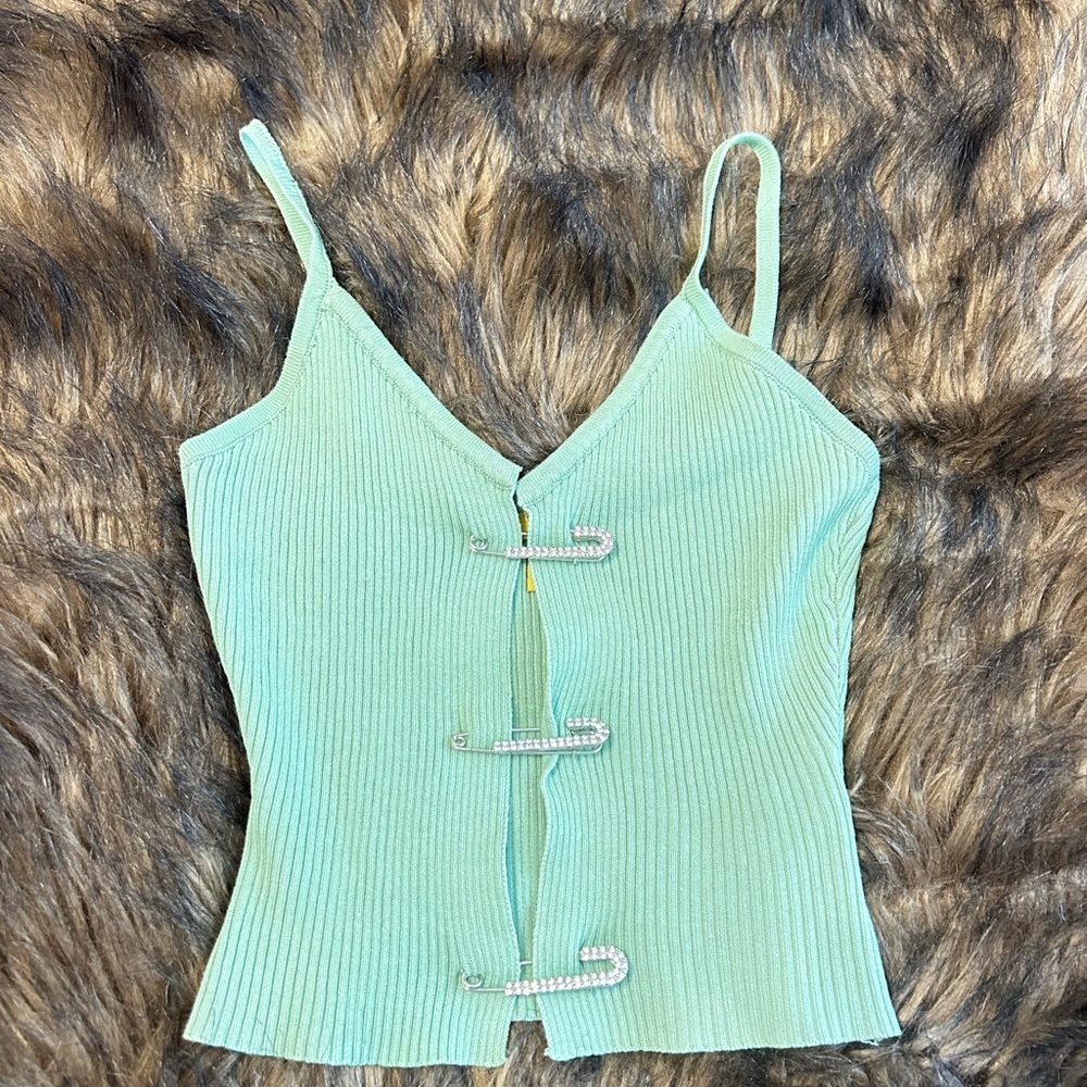 Elegant Mint Green Camisole with Safety Pin Accents